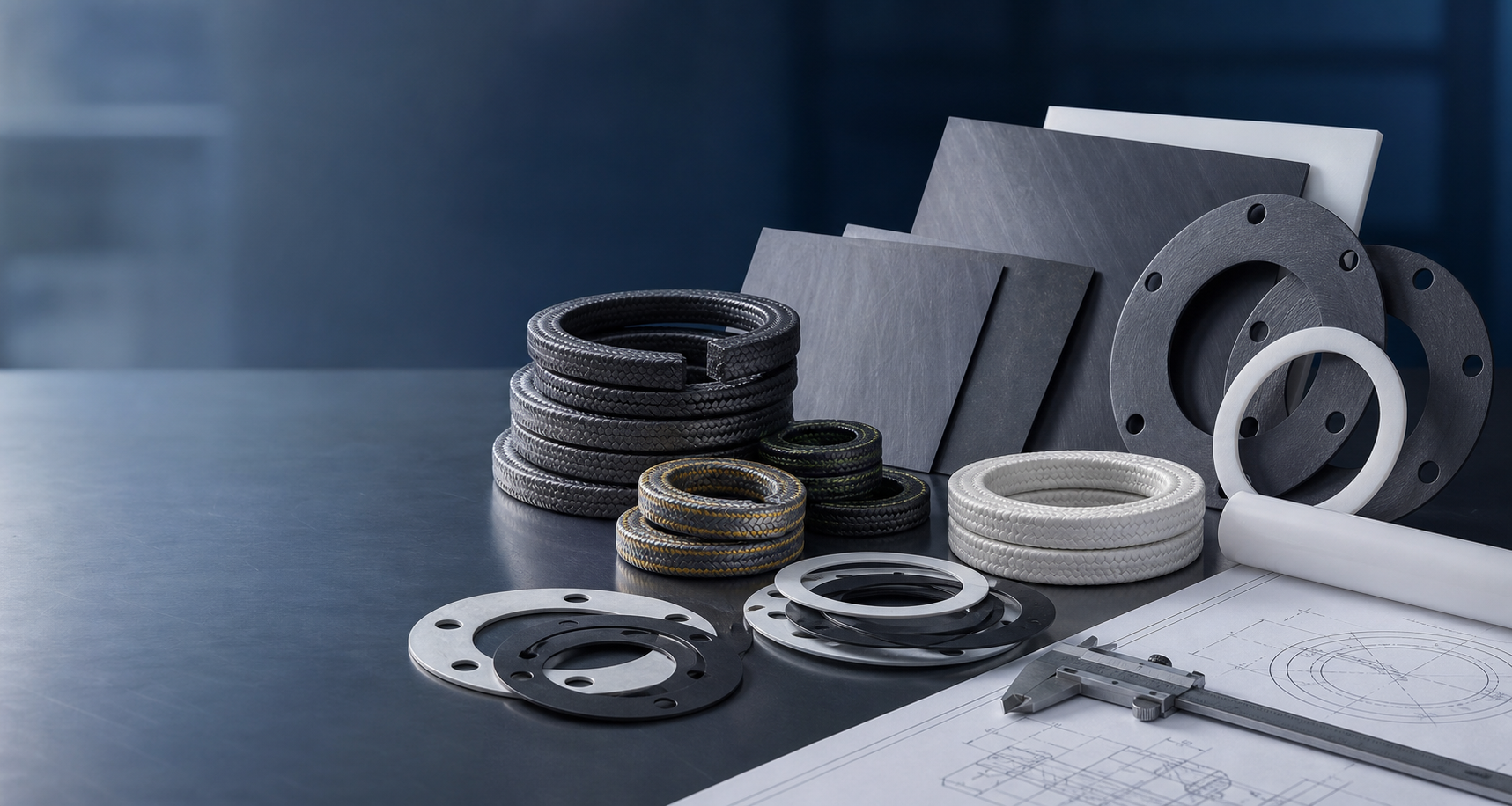 Industrial sealing products including packing and gaskets on an inspection table